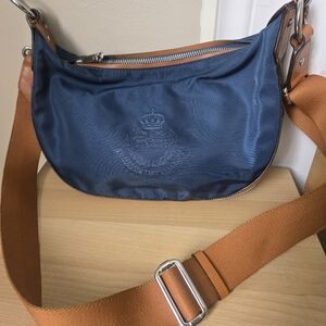 NWOT Lauren Ralph Lauren Blue & Tan Crossbody Bag In Leather & Nylon